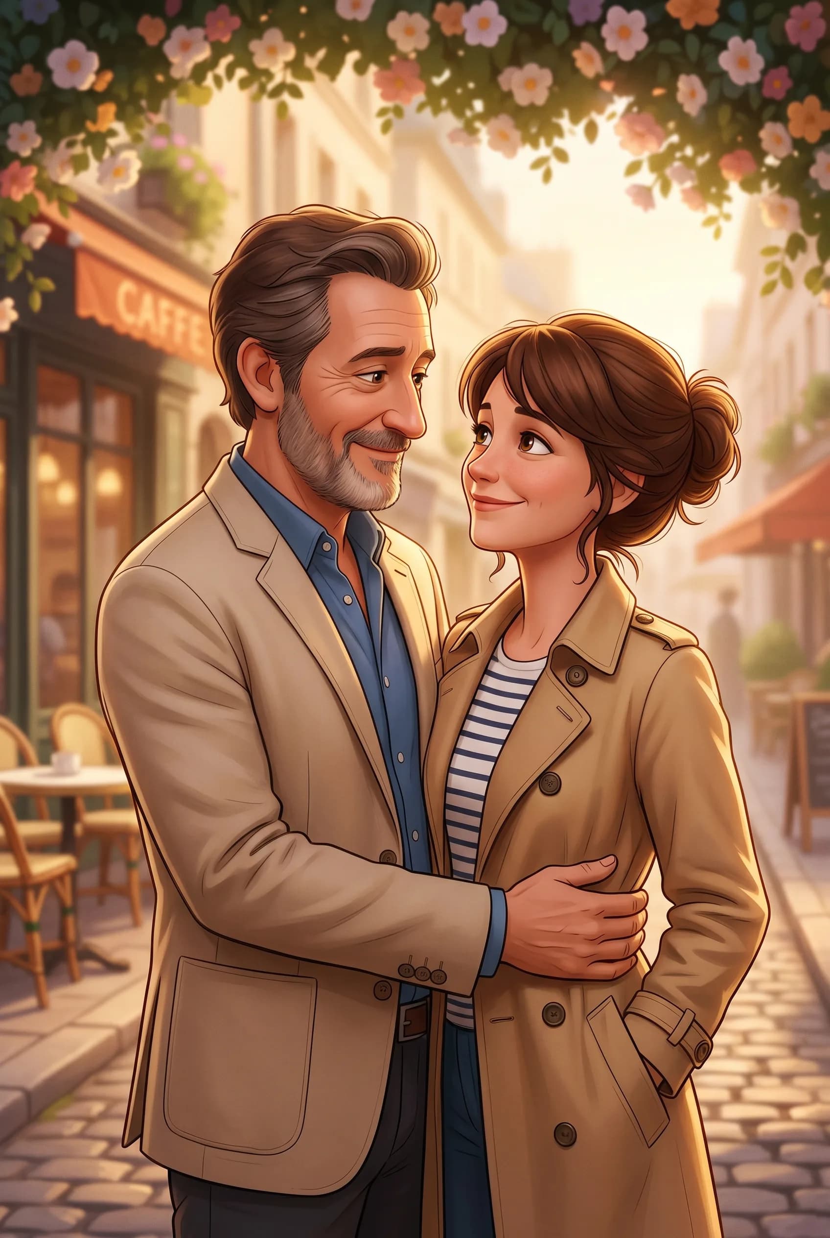 Livre 3D cadeau couple : deux amoureux redessinés en animation 3D façon Pixar dans une rue parisienne