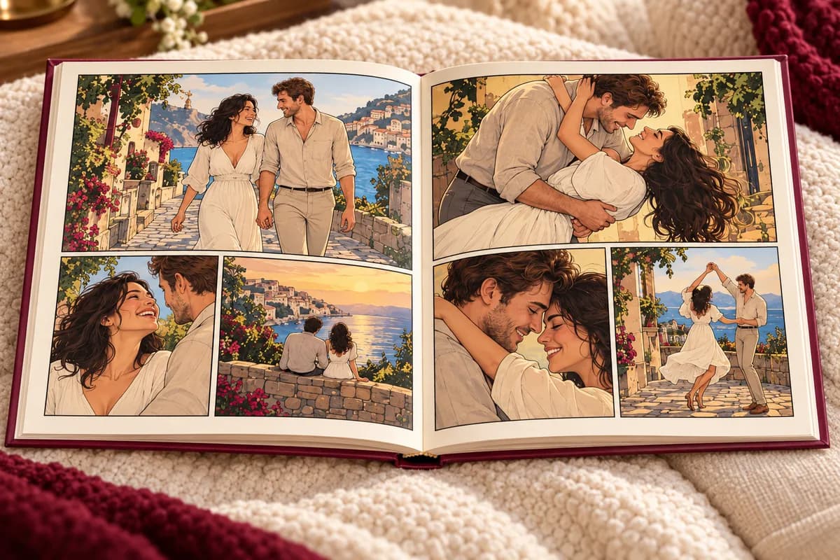 Double page de bande dessinée moderne retraçant les souvenirs de deux mariés.