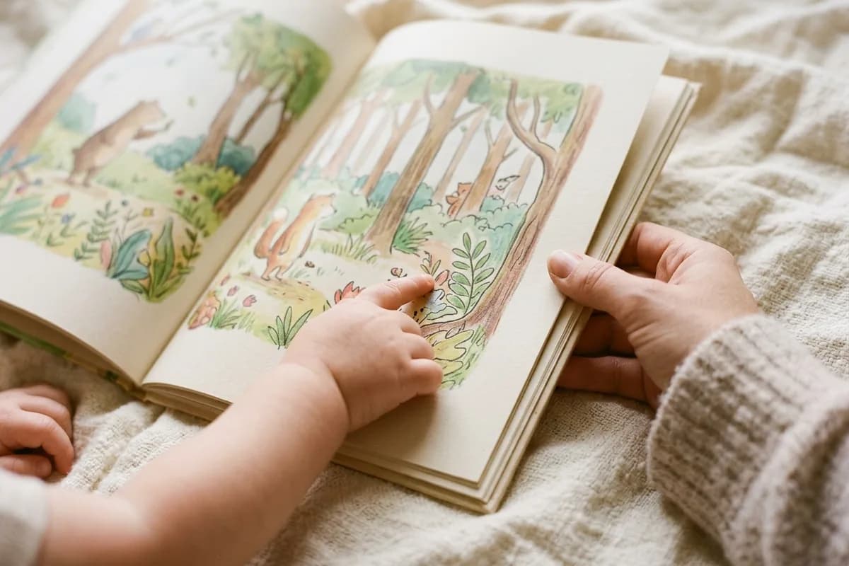 Le doigt d'un petit enfant sur une page d'un livre illustré, tenu par une main de femme