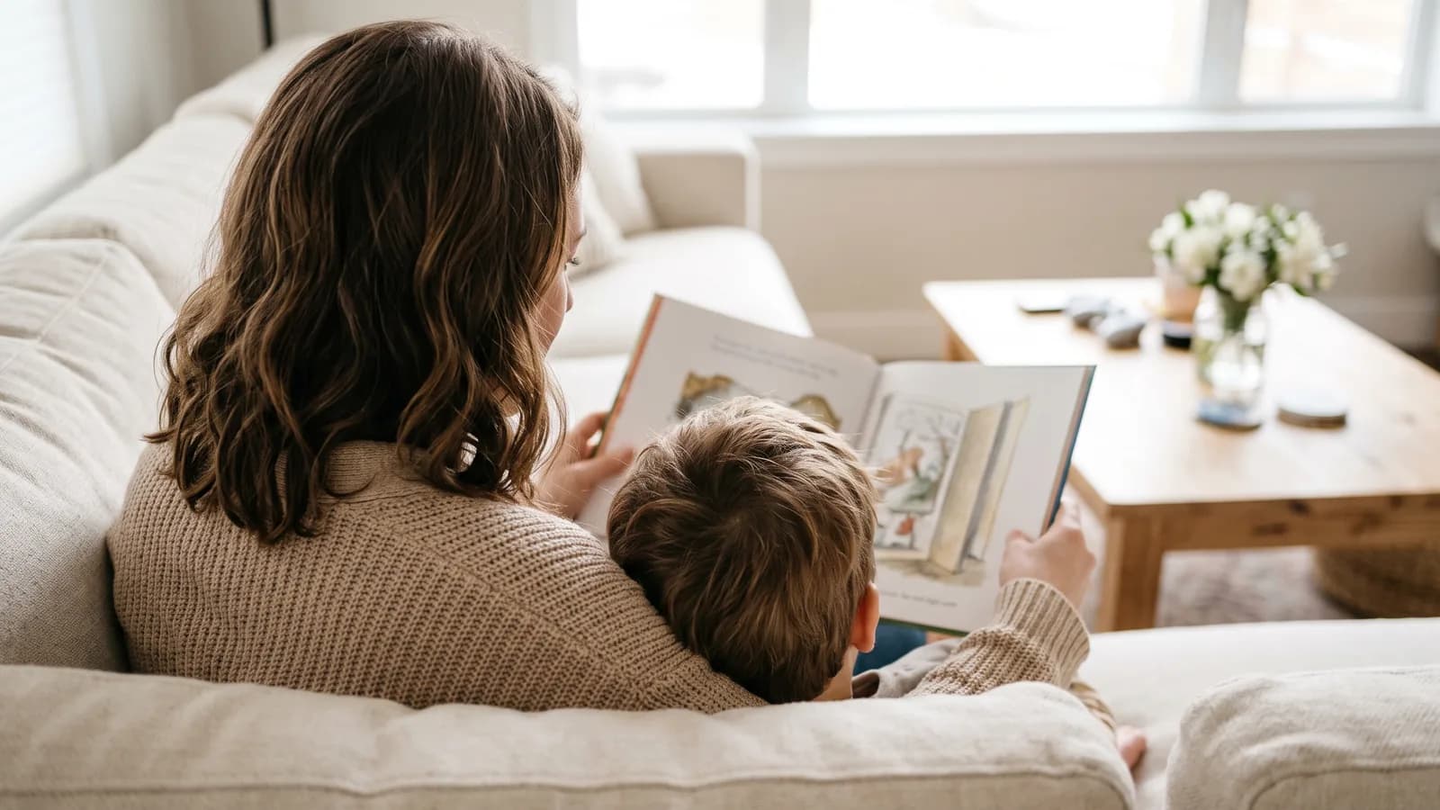 Une marraine, de dos sur un canapé, lit un livre illustré avec son filleul d'environ cinq ans
