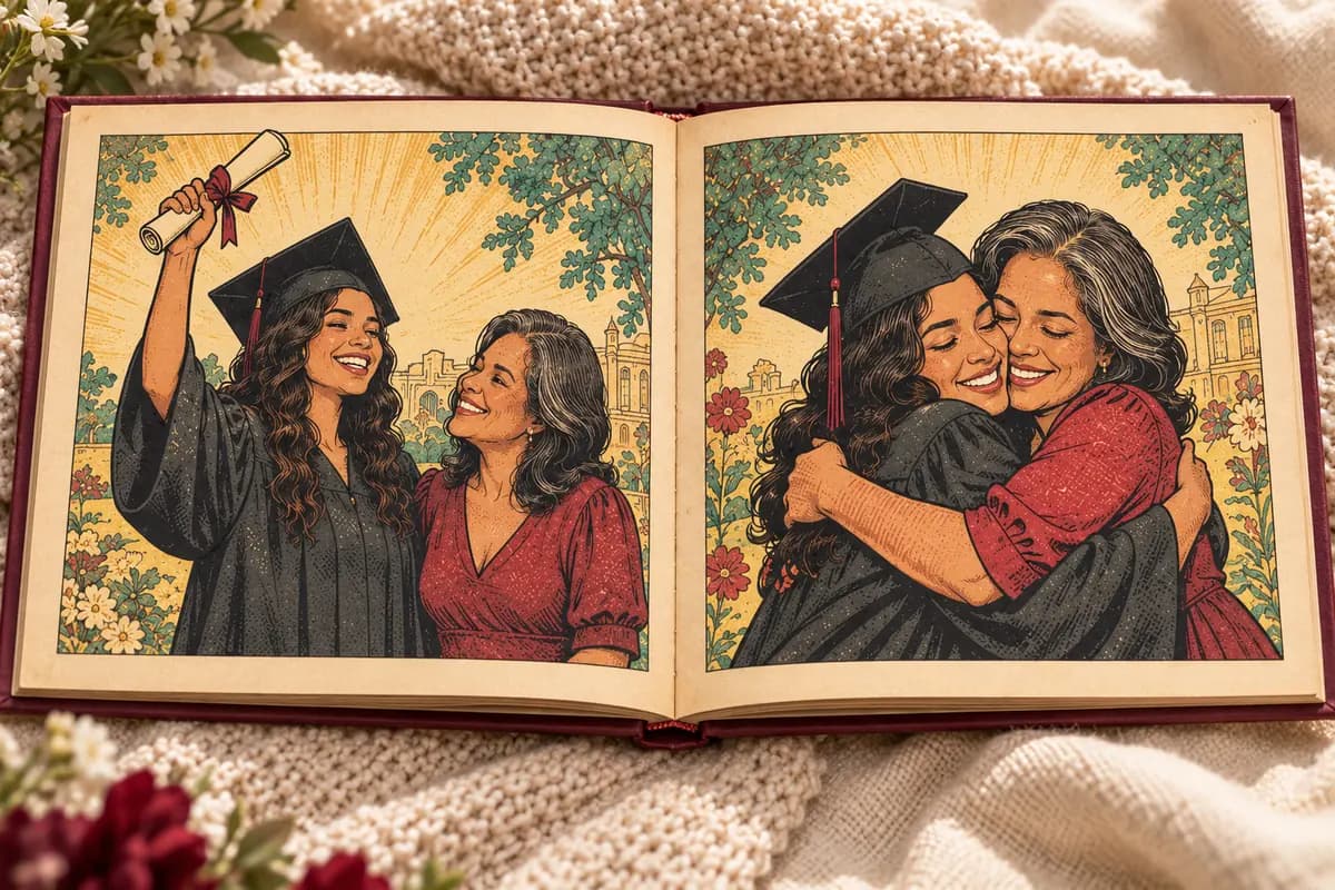 Double page de bande dessinée vintage célébrant une diplômée et sa mère.