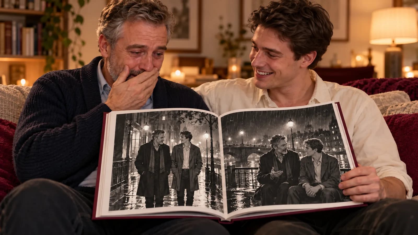 An emotional father discovers an illustrated Father’s Day gift book with his adult son.