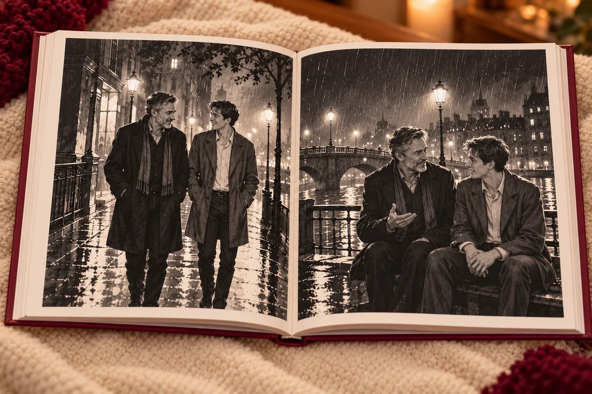Film noir-style book spread showing a father and his adult son in a rainy city.