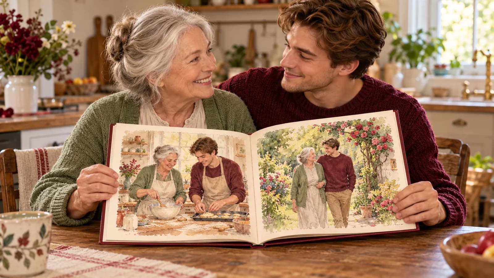 A grandmother and her adult grandson discover their illustrated book in a kitchen.