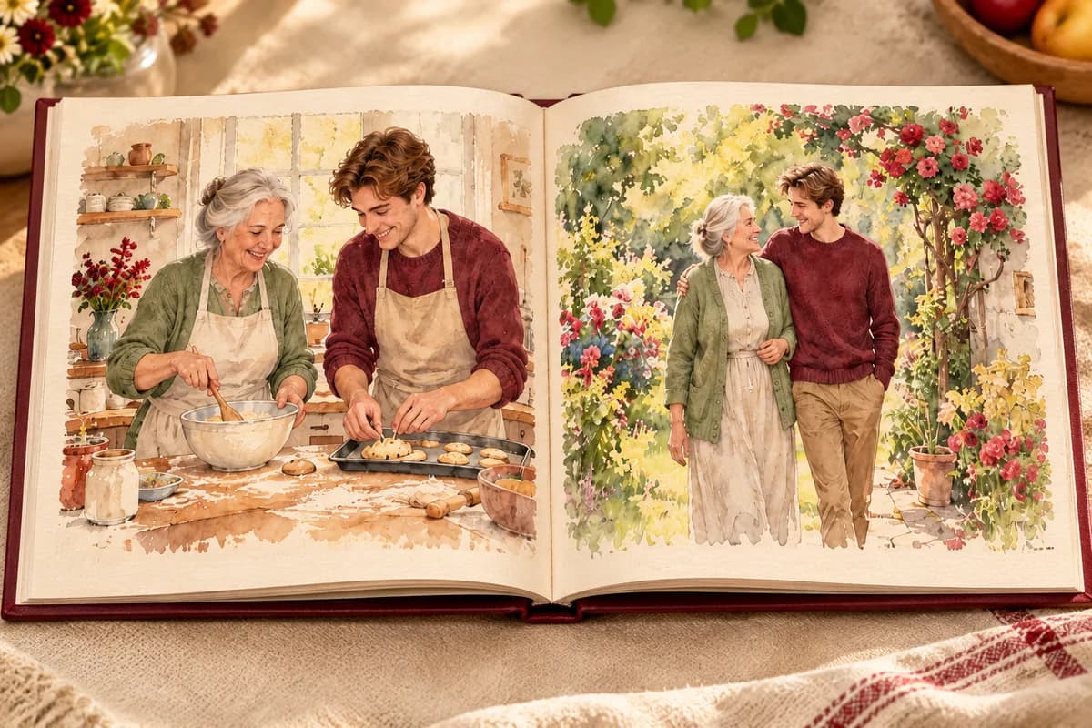 Watercolor book spread showing a grandmother and her grandson baking and walking together.