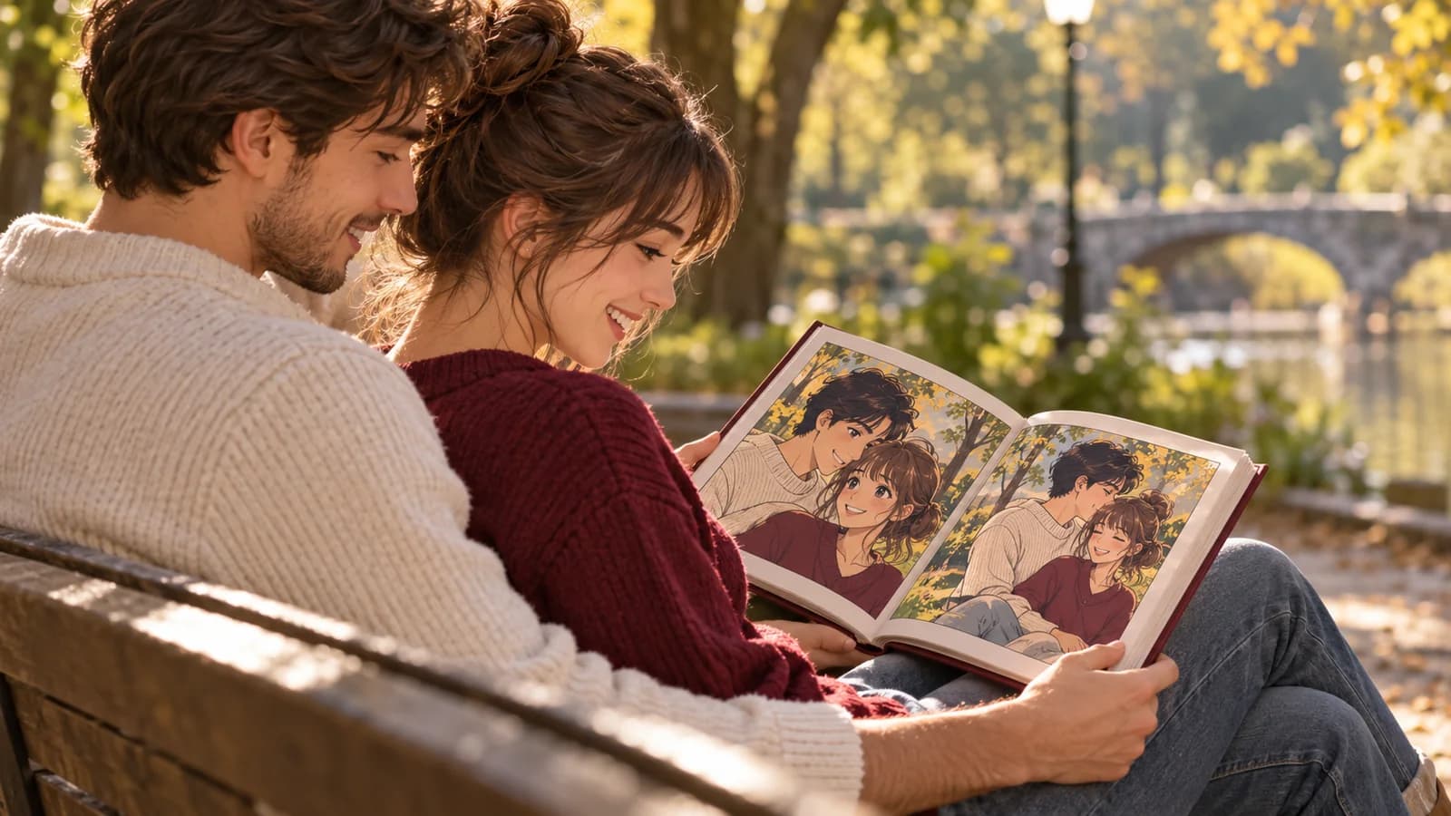 Un couple lit un livre illustré sur un banc dans un parc.
