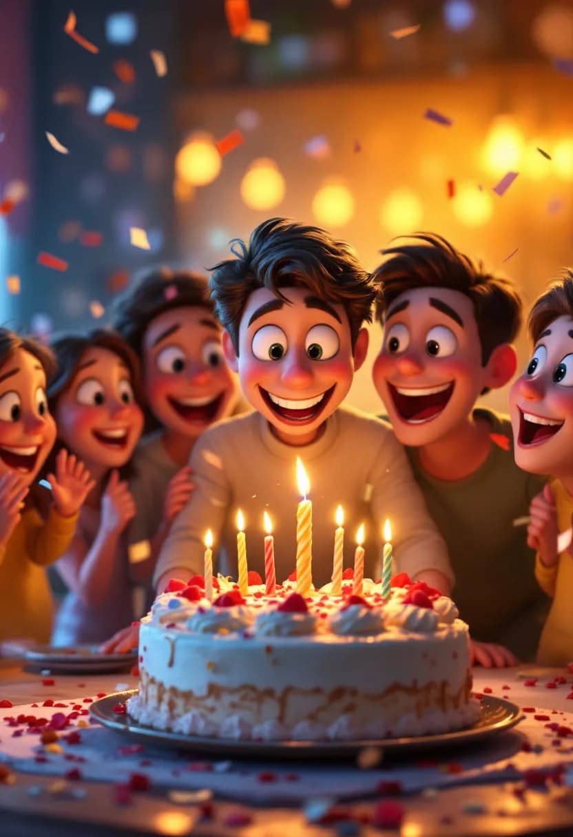Livre 3D cadeau anniversaire : une personne soufflant ses bougies entourée de proches, en animation 3D façon Pixar