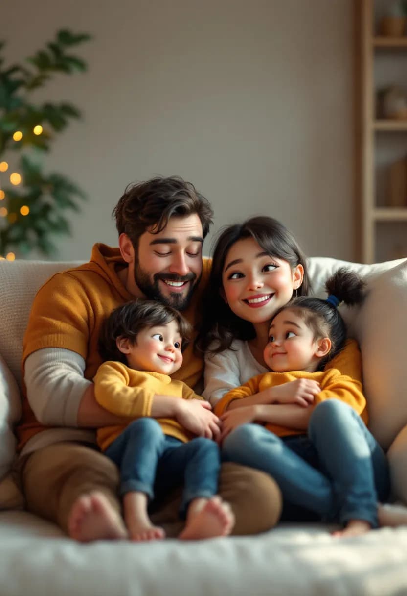 Livre 3D de famille : des parents et leurs deux enfants blottis ensemble, en animation 3D façon Pixar