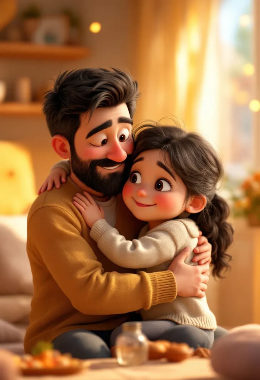 Livre 3D fête des mères : un enfant adulte enlaçant tendrement son parent, en animation 3D façon Pixar