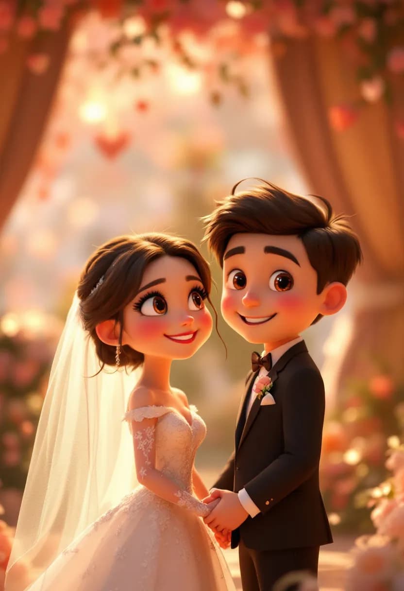 Livre 3D cadeau mariage : des mariés en tenue élégante, illustrés en animation 3D façon Pixar