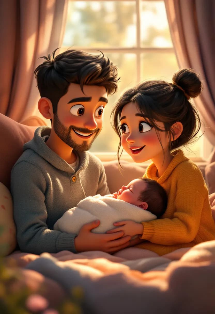 Livre 3D de naissance : de jeunes parents berçant leur nouveau-né, illustrés en animation 3D façon Pixar