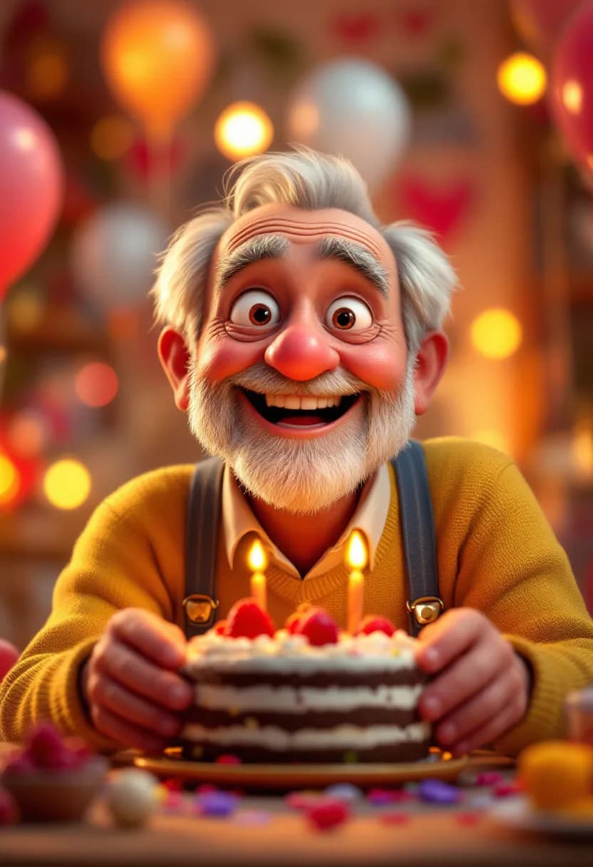 Livre 3D cadeau retraite : un senior heureux célébrant son départ en retraite, en animation 3D façon Pixar