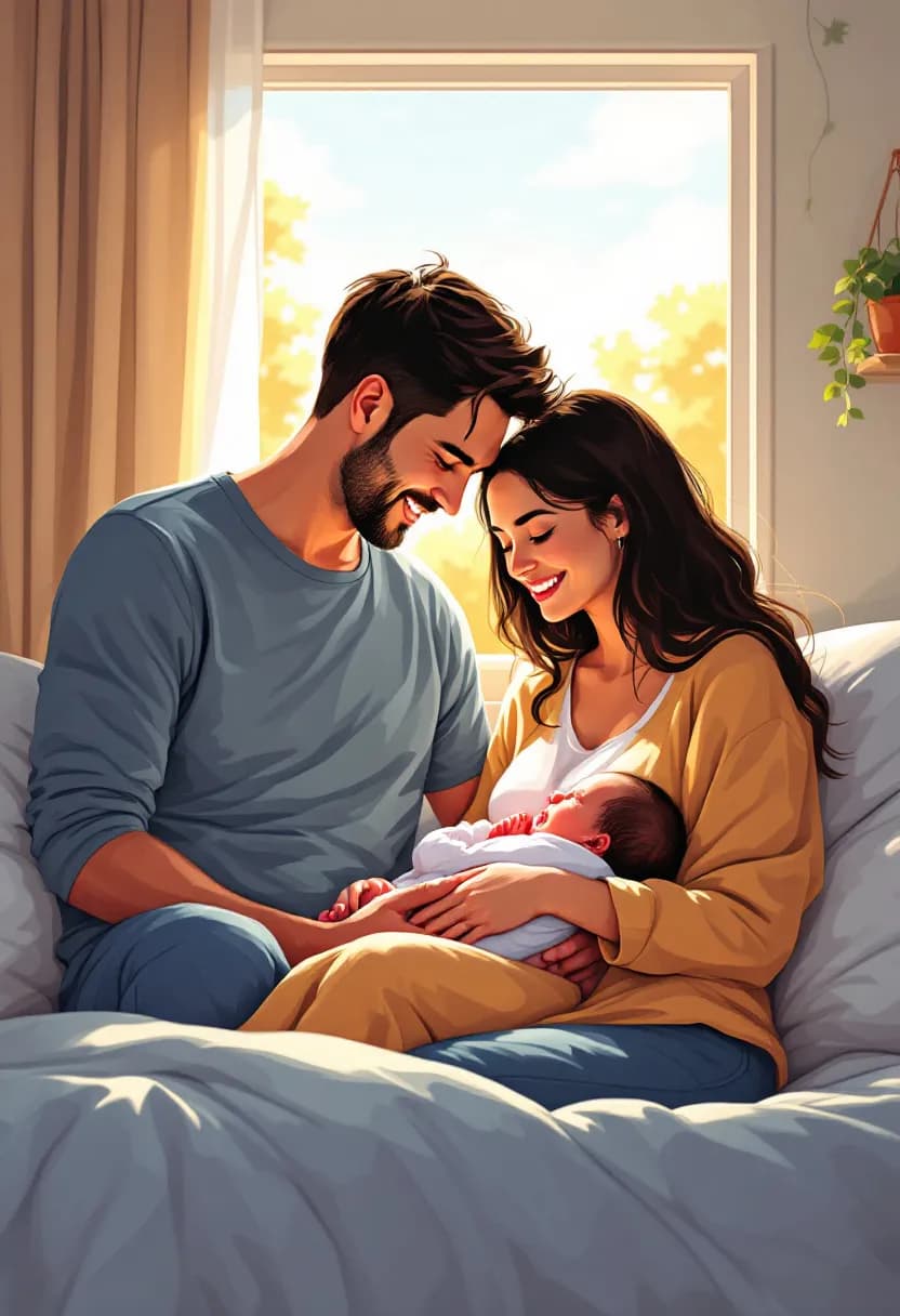 Livre american modern de naissance : de jeunes parents berçant leur nouveau-né