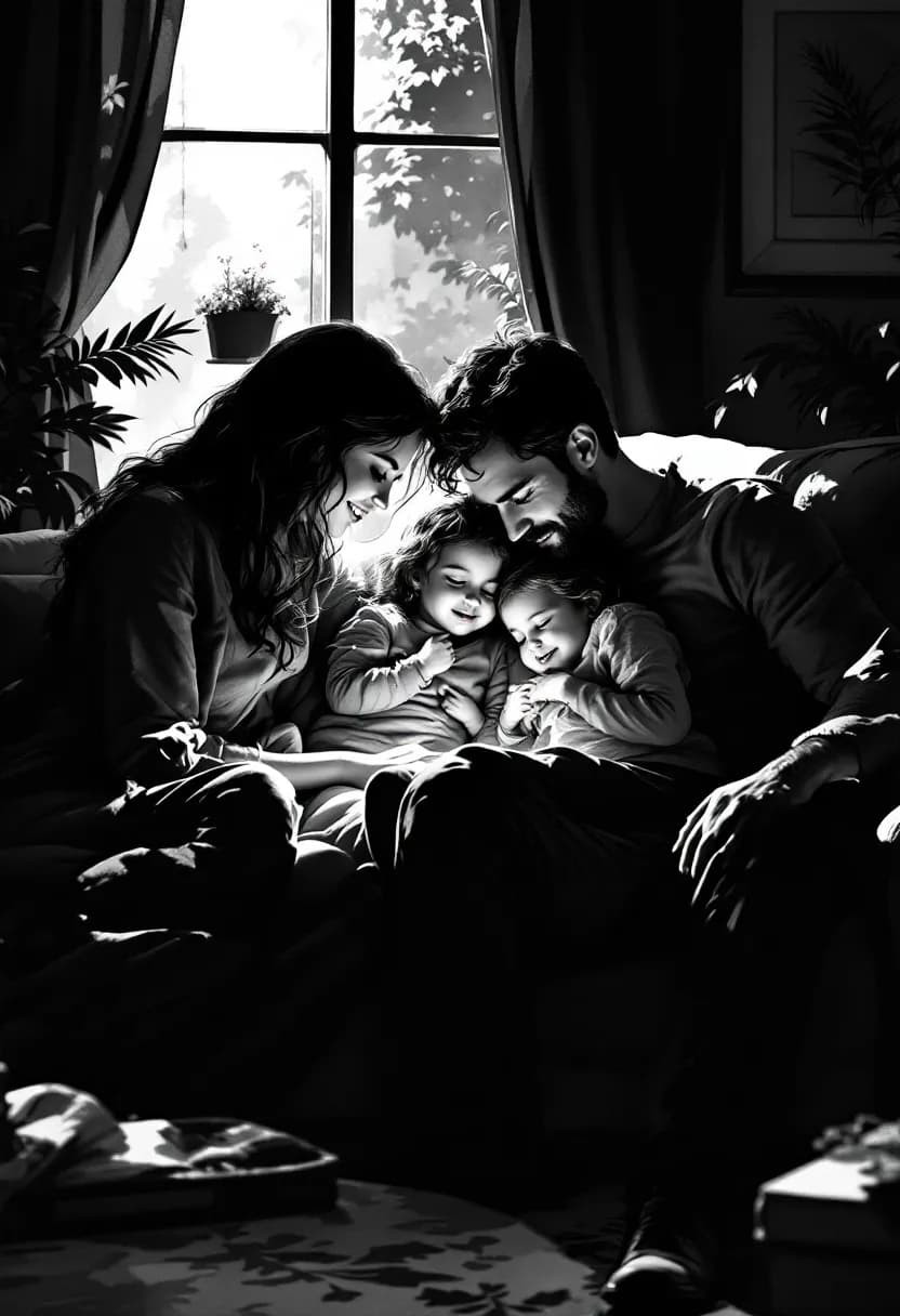 Livre film noir de famille : des parents et leurs enfants blottis ensemble