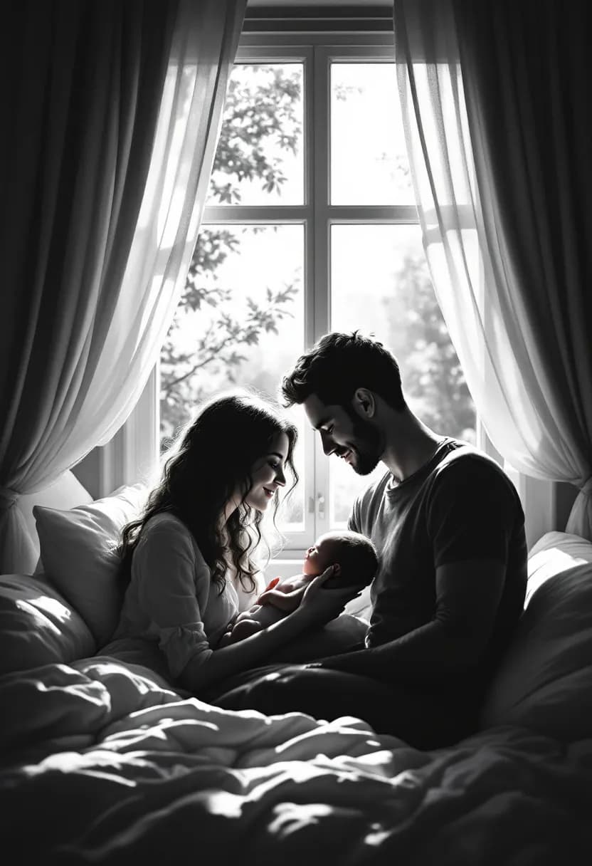 Livre film noir de naissance : de jeunes parents berçant leur nouveau-né