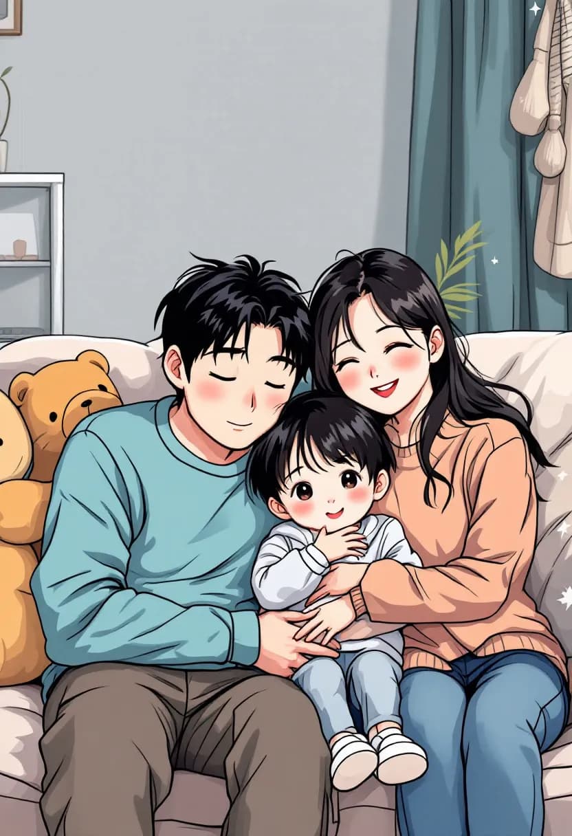 Livre manga de famille : des parents et leurs enfants blottis ensemble