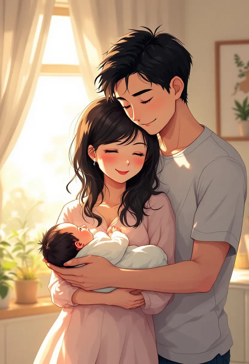 Livre manga de naissance : de jeunes parents berçant leur nouveau-né