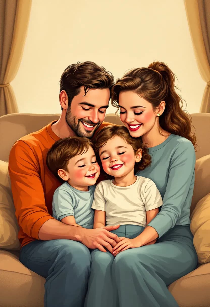 Livre vintage de famille : des parents et leurs enfants blottis ensemble