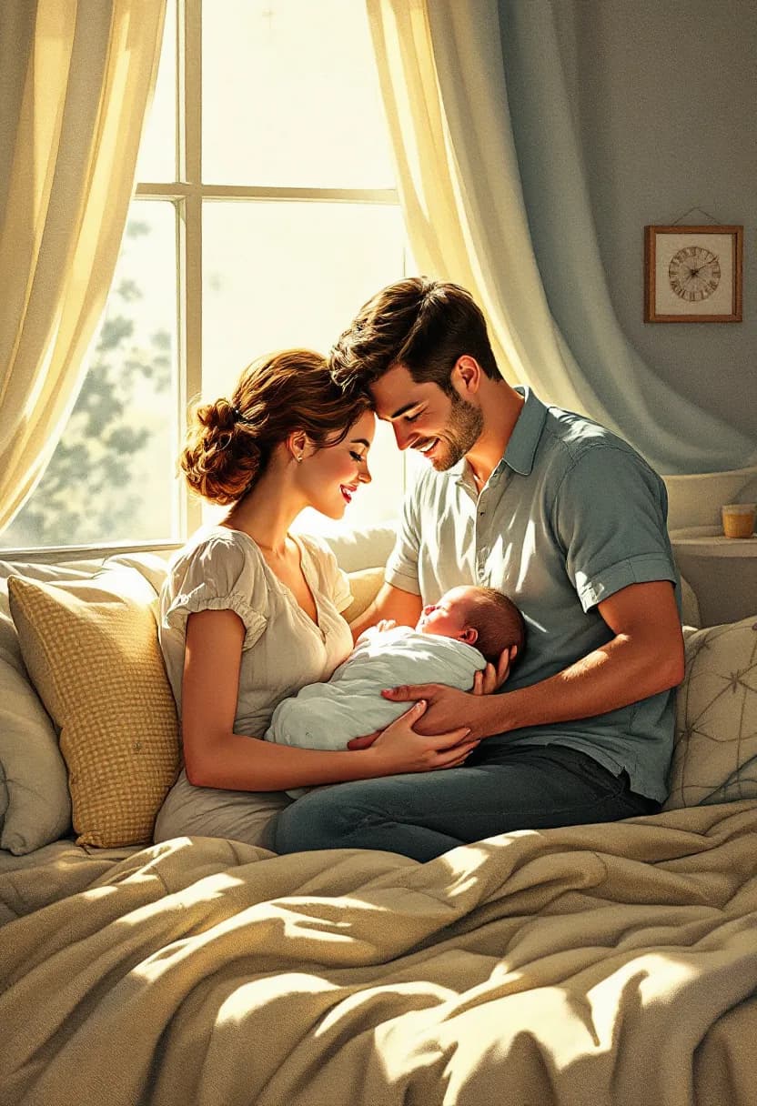 Livre vintage de naissance : de jeunes parents berçant leur nouveau-né