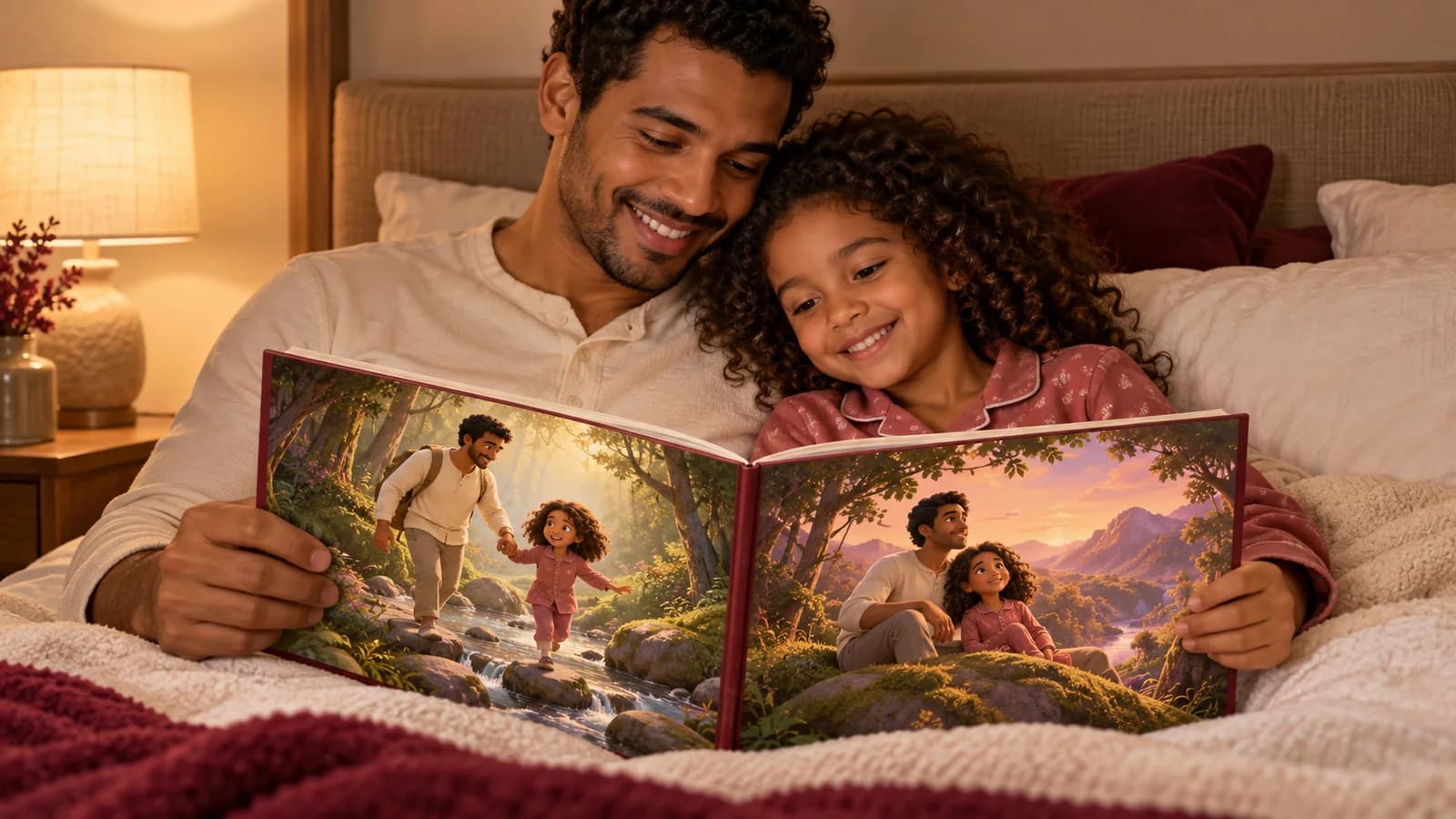 A father and his daughter read their personalized book in bed at bedtime.