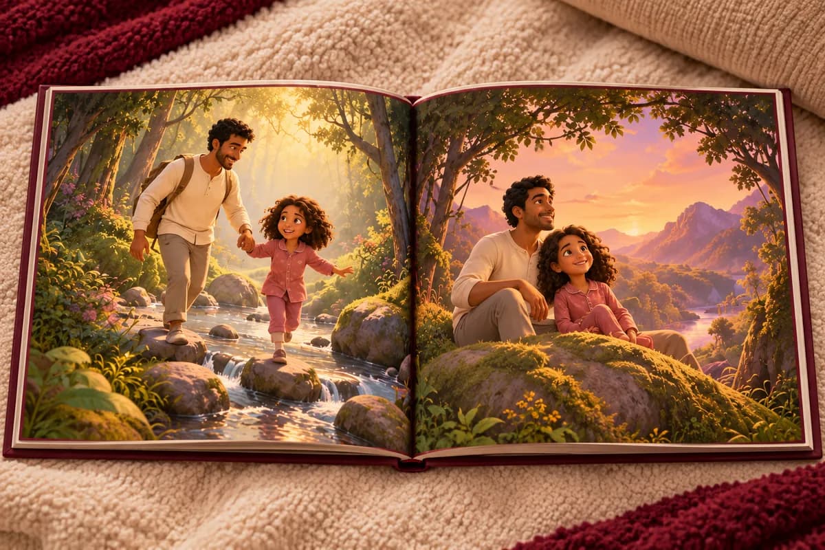 3D-illustrated book spread showing a father and his daughter in an enchanted forest.