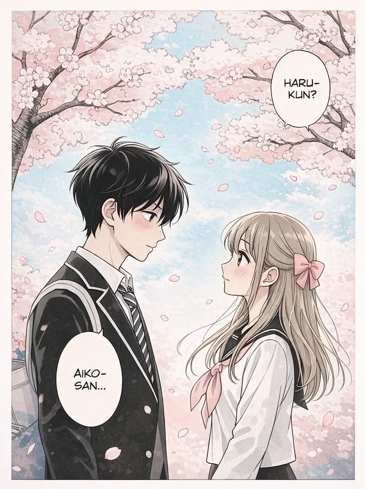 Livre manga personnalisé : deux personnages dessinés en style anime japonais sous les cerisiers en fleurs