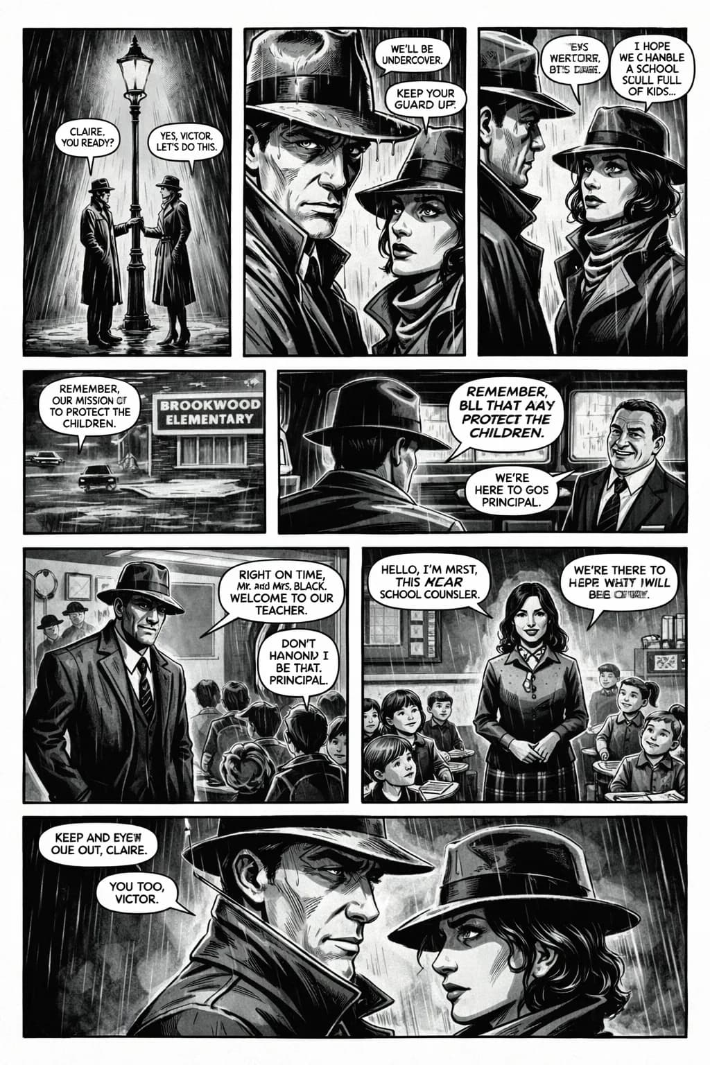 Livre illustré film noir personnalisé : planche en noir et blanc cinématique façon détective des années 40