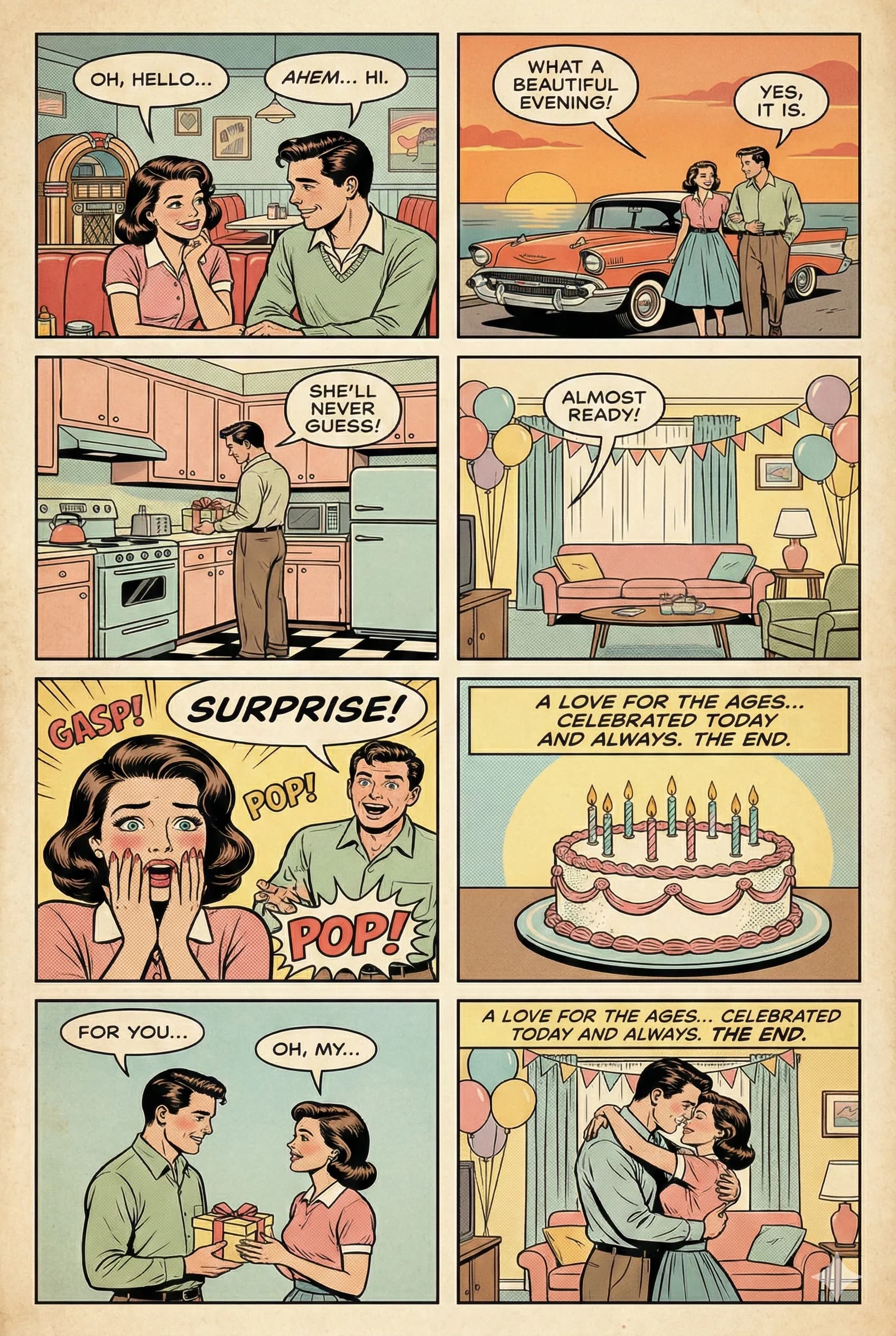 Livre illustré vintage personnalisé : planche de bande dessinée romantique dans un style rétro années 50