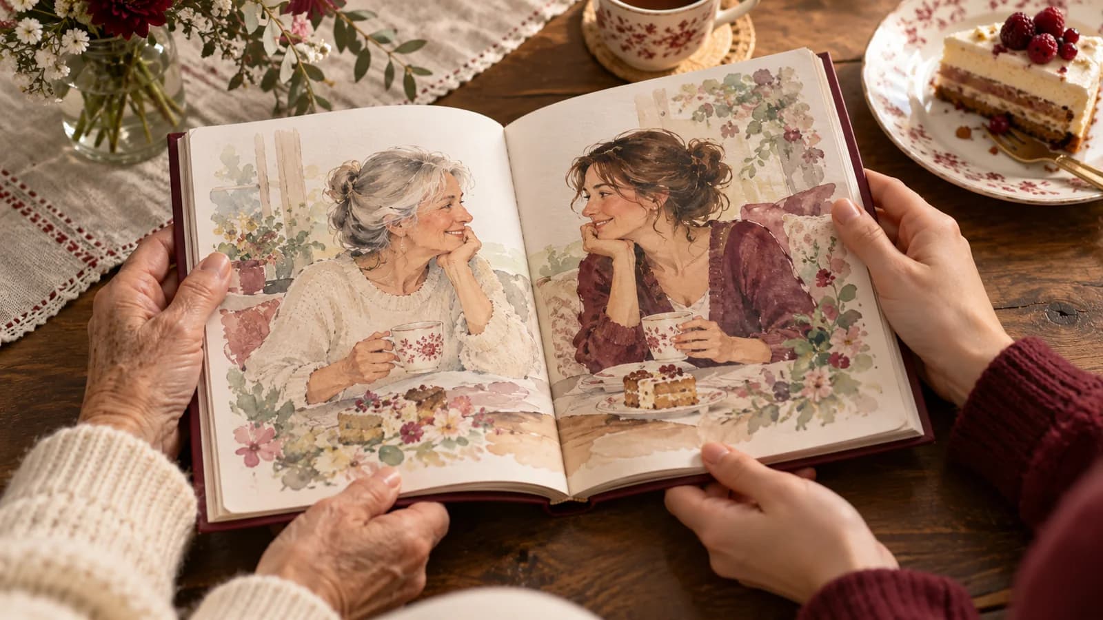 Les mains d’une mère et de sa fille tiennent un livre illustré près d’une part de gâteau.