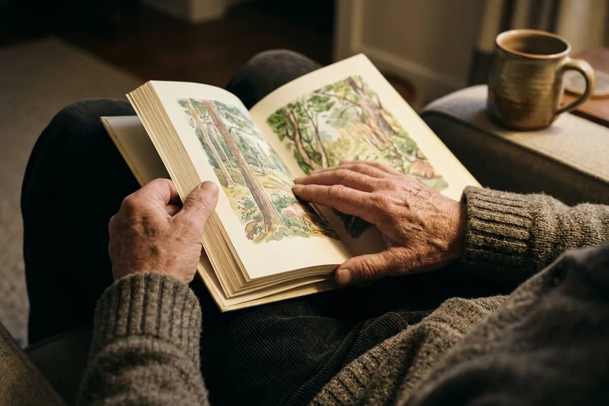 Les mains âgées d'un père tenant un livre illustré ouvert sur ses genoux