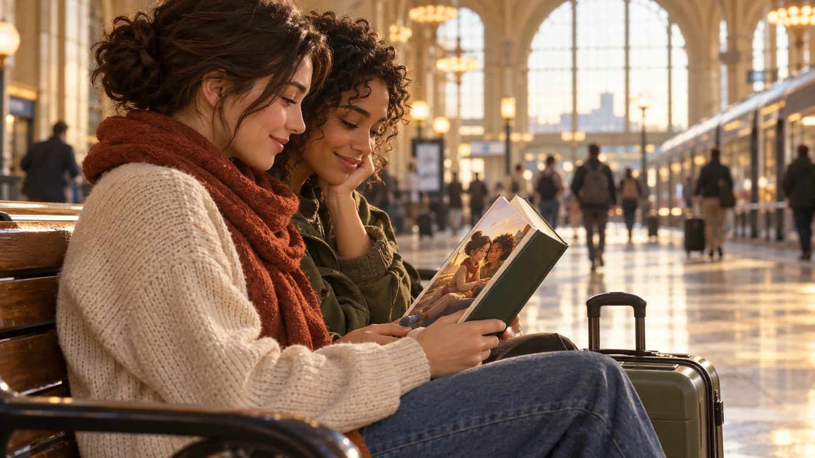 Deux amies lisent un livre illustré dans une gare près d'une valise.