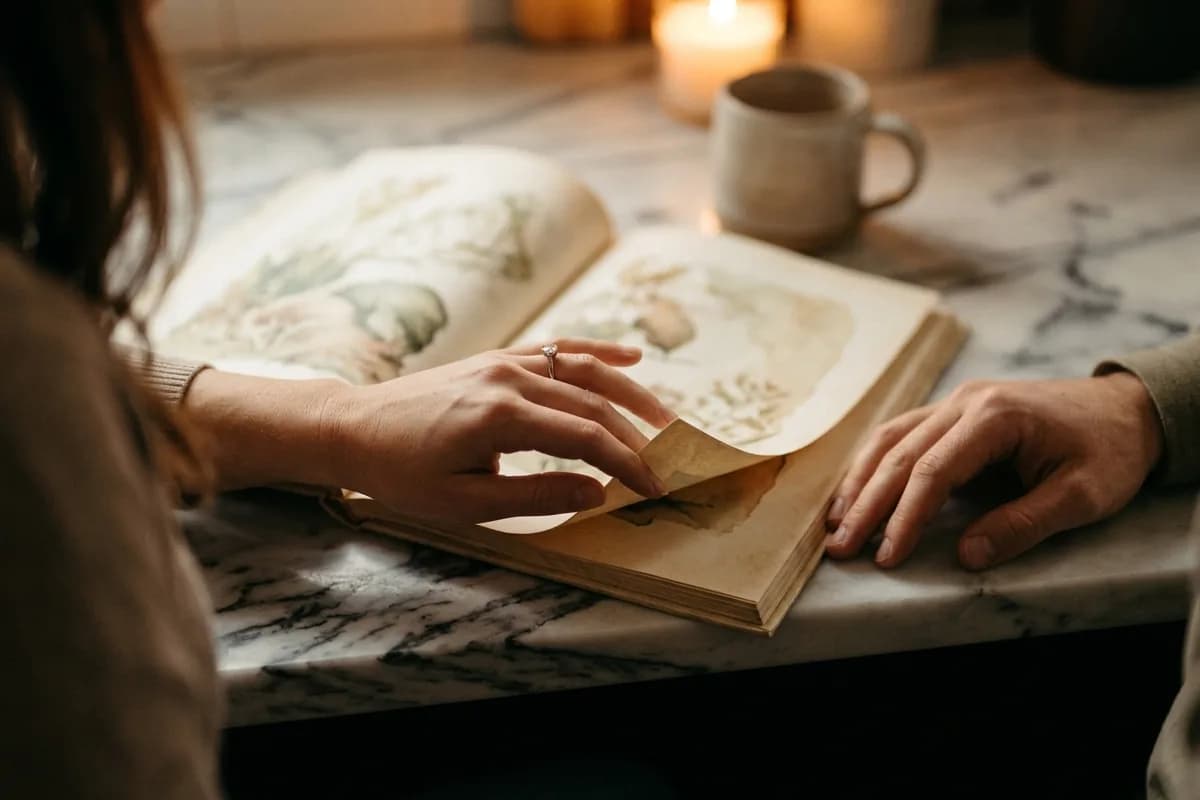 Une main portant une bague de fiançailles tourne la page d'un livre illustré, près d'une bougie