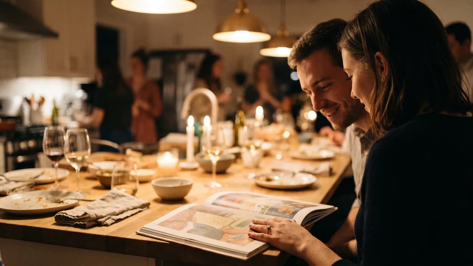 Un couple lit un livre illustré ouvert sur le plan de travail d'une cuisine, lors d'un dîner entre amis