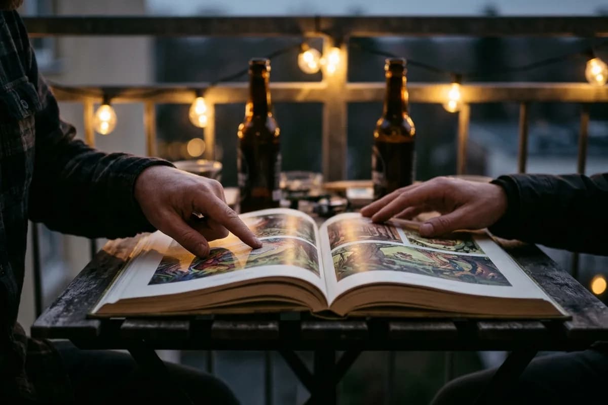 Les mains de deux hommes au-dessus d'un livre illustré ouvert sur une table de balcon