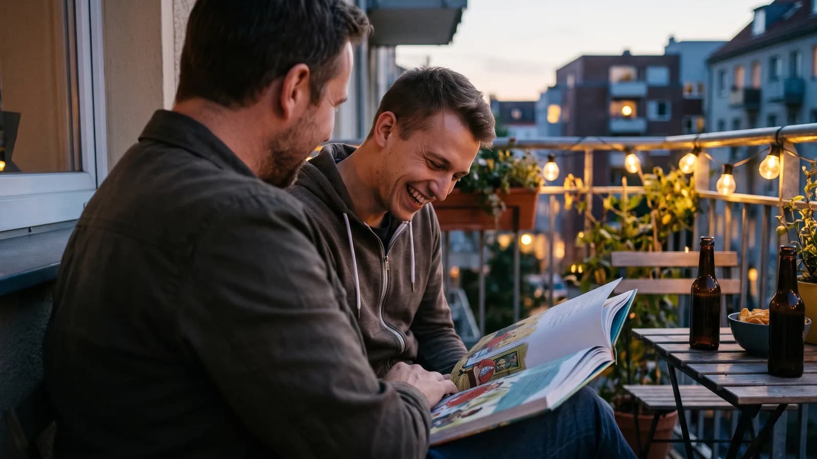 Deux frères adultes rient sur un balcon au crépuscule, un livre illustré sur les genoux de l'aîné