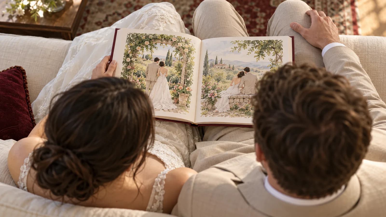 Des mariés vus par-dessus l'épaule lisent ensemble leur livre illustré personnalisé.