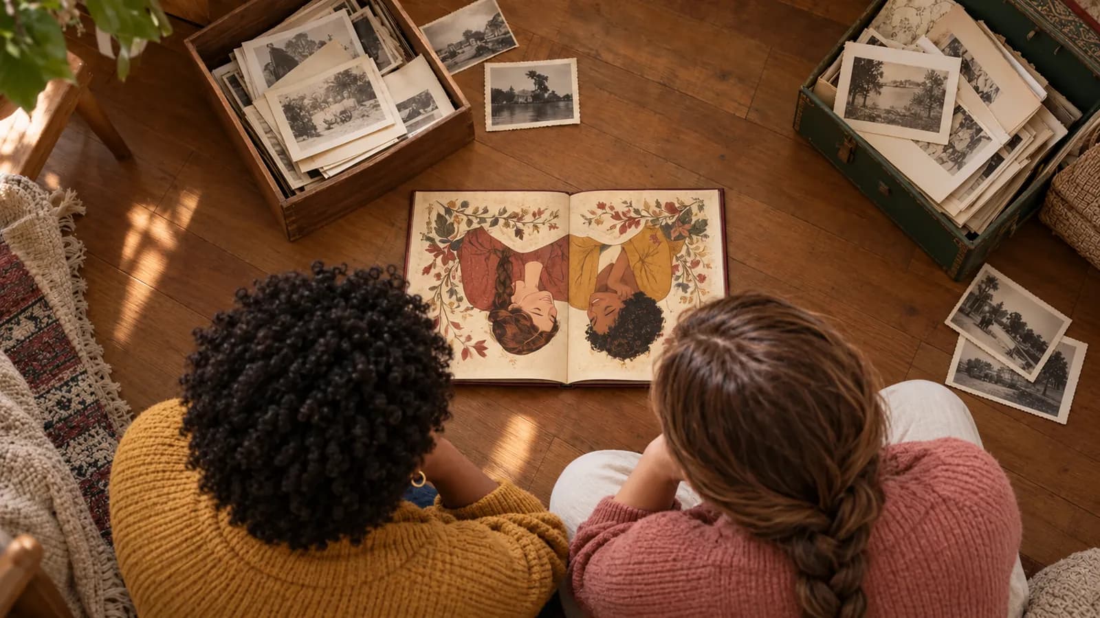 Deux sœurs découvrent un livre illustré au milieu de boîtes de photos anciennes.