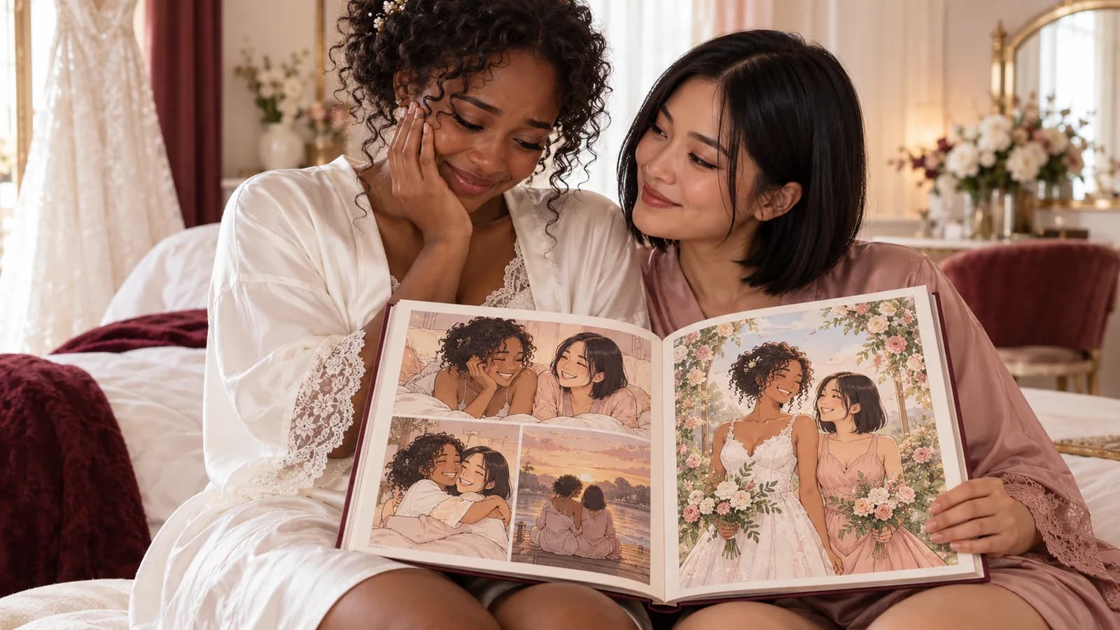 Une mariée et sa témoin découvrent avec émotion leur livre illustré en manga.