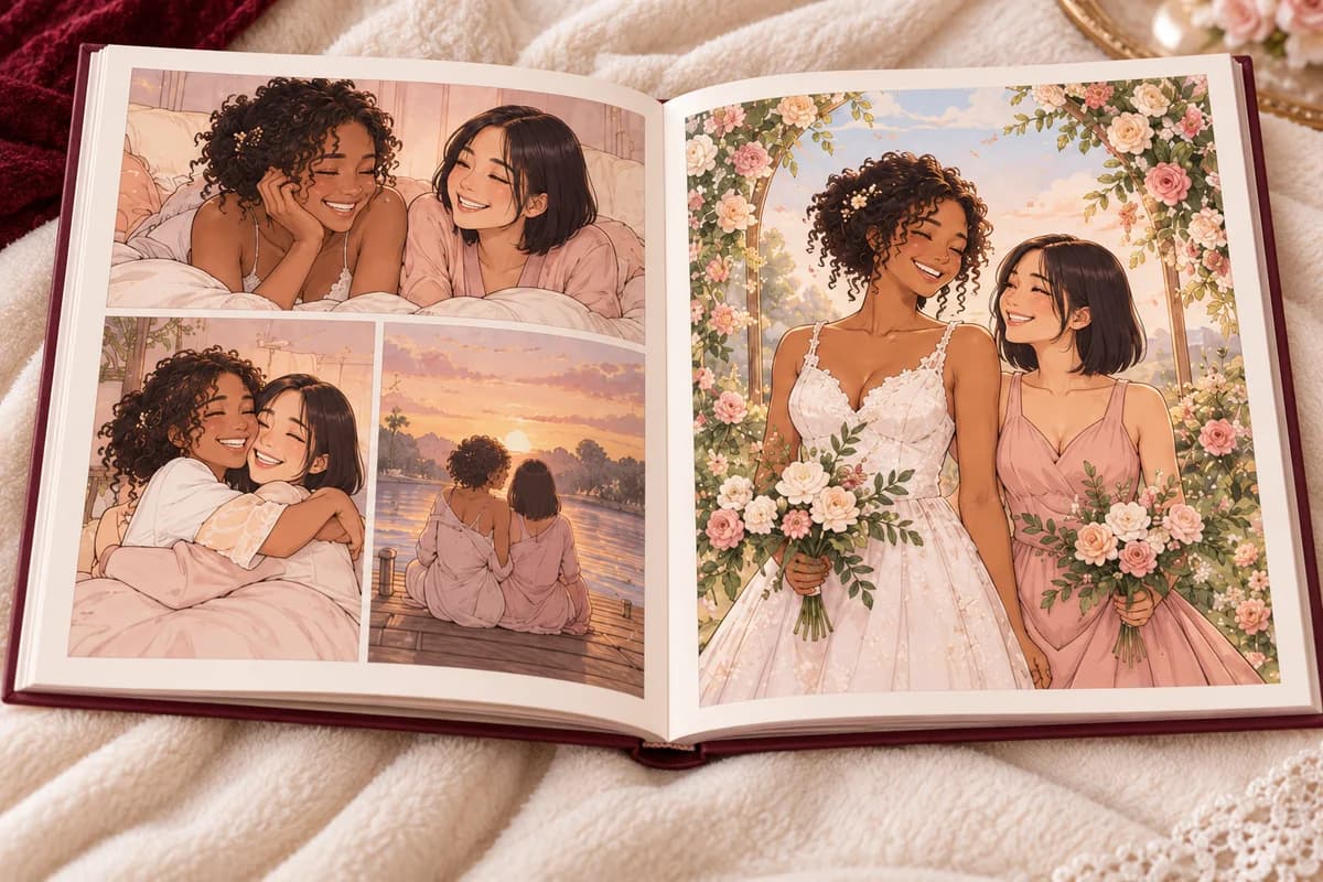 Double page manga illustrant les souvenirs d’une mariée et de sa meilleure amie.